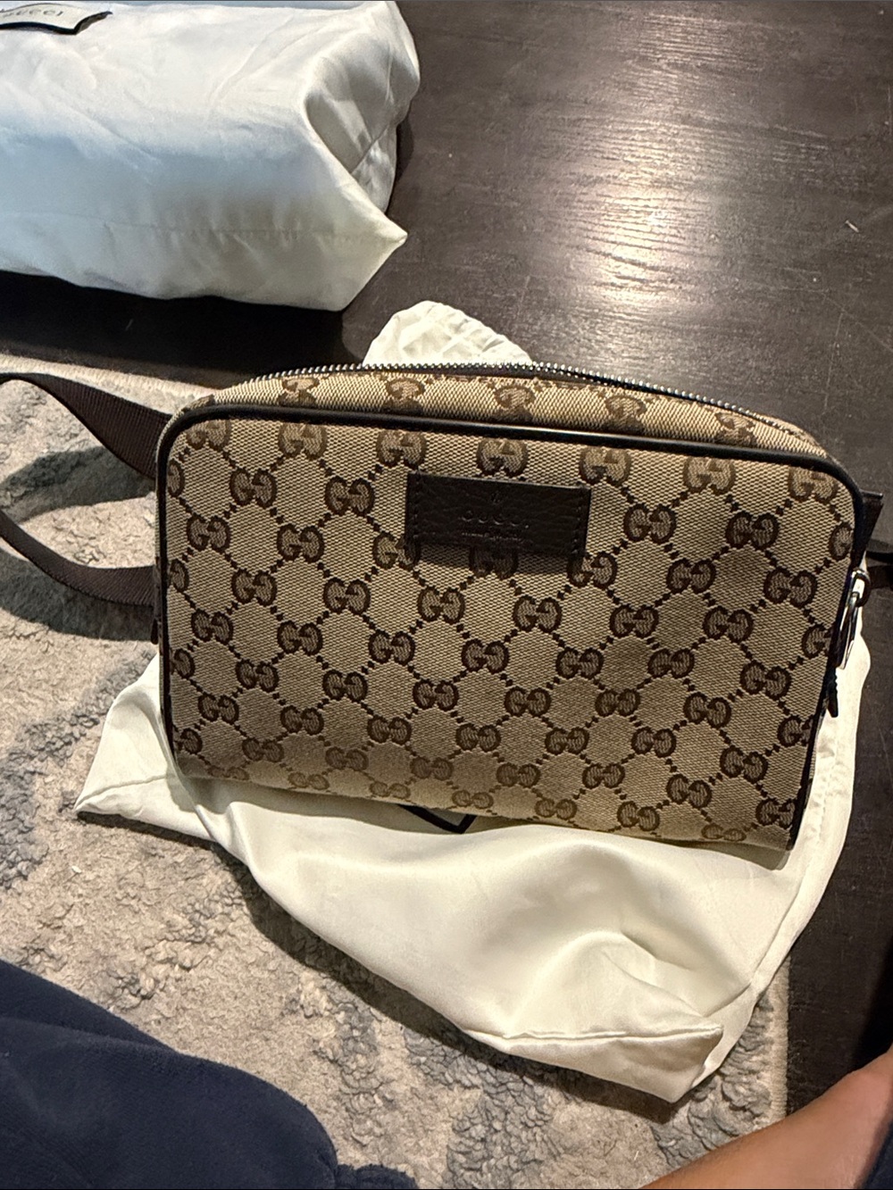 Gucci Beige GG Supreme Canvas Belt Bag with Brown Trim